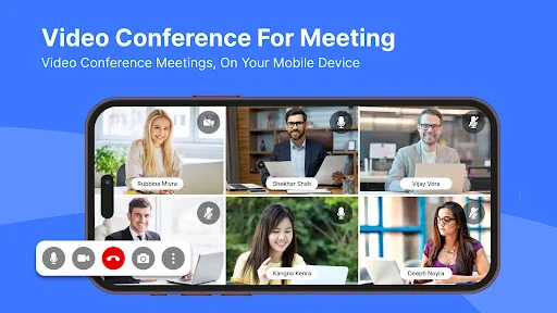 Mobile video conference meeting showing six participants in grid layout with participant names and call control buttons