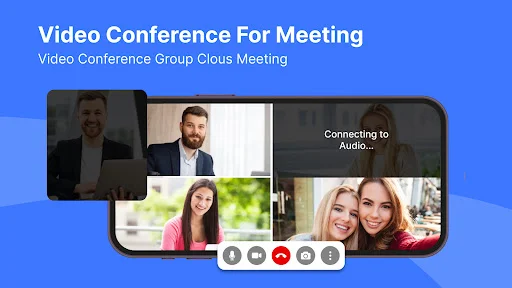 Video conference group meeting displaying multiple participants with audio connecting status and meeting control options