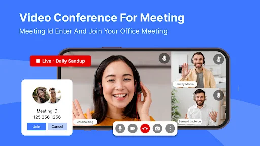 Video conference join interface with Meeting ID entry popup (125 256 1256), participant windows, and action buttons