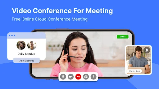 Free online cloud video conference with participant, Daily Standup info, Join Meeting button, and Online status badge