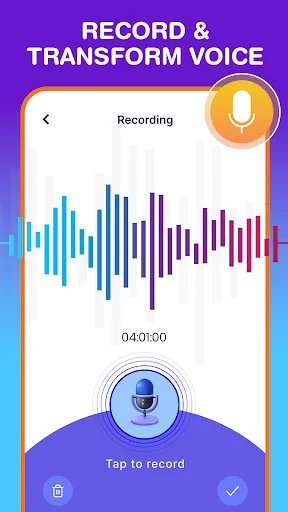 Voice recording interface with colorful waveform visualization and tap-to-record button for voice transformation
