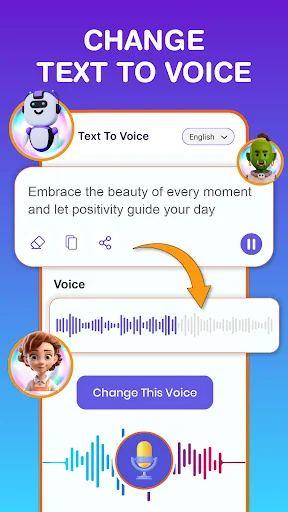 Text-to-voice converter with language selection, voice effects preview, waveform and modification controls