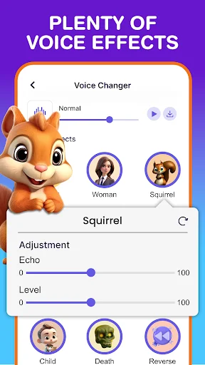 Voice changer with squirrel, woman, child effects and adjustable echo and level sliders for sound customization