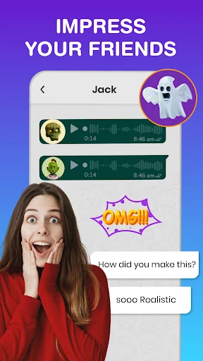 Voice effect sharing interface comparing modified audio versions with playback controls and friend reaction chat