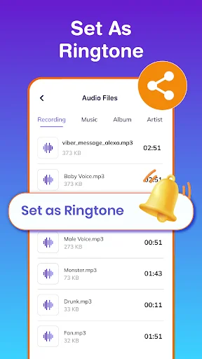 Audio files manager for setting voice effect recordings as ringtones with file durations and size information