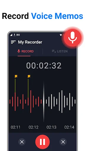 Voice recorder recording screen with red microphone button, real-time waveform visualization, timer, and playback controls