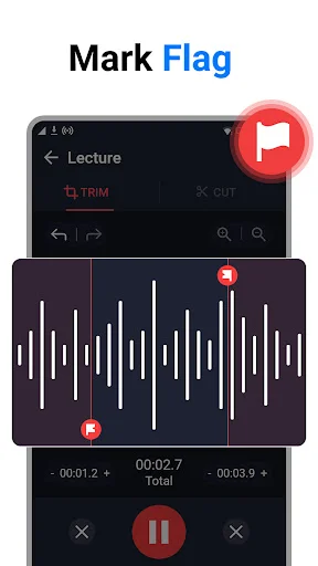 Voice Recorder waveform editor with flag marker on timeline for Lecture recording and playback controls