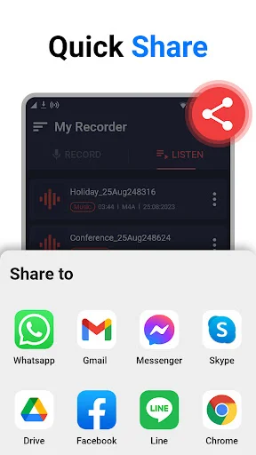 Voice Recorder app list with quick share dialog featuring WhatsApp, Gmail, Messenger, Skype, and Chrome options