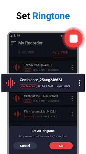 Set ringtone dialog for assigning recorded voice memos as device ringtone notifications