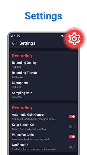 Settings screen with recording quality, audio format, microphone, and automatic gain control options