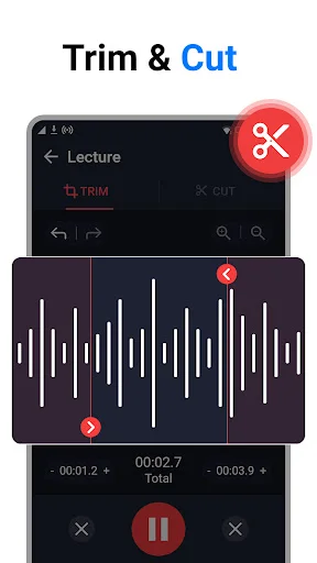 Voice Recorder trim and cut editor for Lecture with waveform display, zoom controls, and precise editing tools