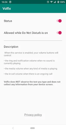 Volfix settings screen showing Status toggle enabled and Do Not Disturb compatibility toggle, with description of volume button controls for ring, notification, media, and call volume