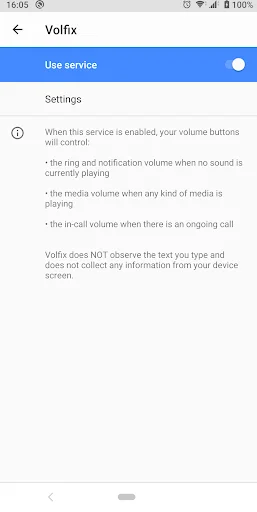 Volfix service activation screen with blue header displaying Use service toggle enabled and Settings section explaining volume button control features and privacy policy