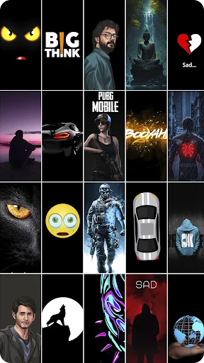 Grid showcase of dark themed HD wallpapers featuring yellow eyes, BIG THINK text, portrait photography, digital art, gaming imagery like PUBG MOBILE, emojis, astronauts, cars, city scenes, and minimalist designs