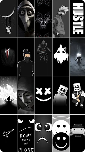 Dark aesthetic AMOLED wallpaper collection grid displaying silhouettes, creepy faces, wolves, castles, smiley faces, text overlays like HUSTLE, skulls, masked figures, and minimalist black and white designs