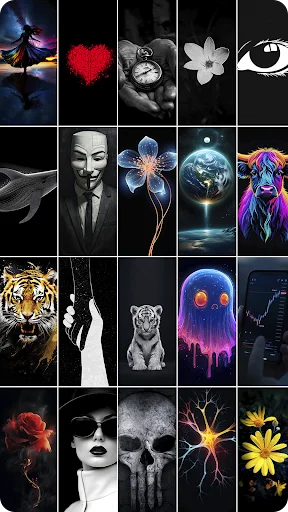 Diverse HD wallpaper grid featuring digital art with purple and blue tones, red hearts, black and white portraits, flowers, geometric shapes, jellyfish, planets, tigers, roses, skulls, lightning, and colorful flowers