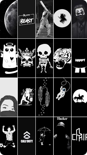 Dark minimal AMOLED wallpaper collection with moon and space imagery, BEAST text, feathers, ghostly figures, skeletons, wolves, HAPPY text, floating figures, chains, astronauts, hacker themes, umbrellas, and silhouettes