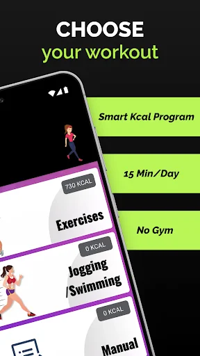 Workout selection screen with smart calorie program, 15-minute daily option and no-gym-required exercises