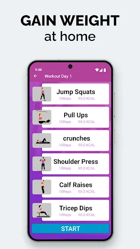 Home workout routine for weight gain showing no-equipment exercises like squats, pull-ups, dips with reps and START