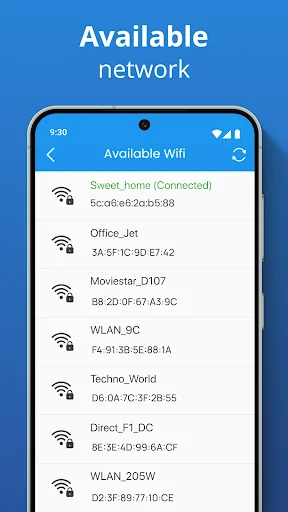 Available Wifi networks list showing multiple networks with SSID names and corresponding MAC addresses for WiFi network selection