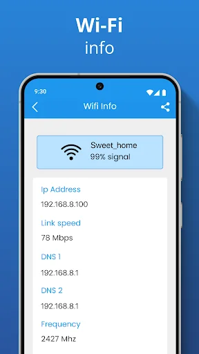 WiFi network information details page displaying Sweet_home network, signal strength 99%, link speed 78 Mbps, DNS and frequency data