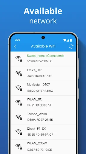 Available WiFi networks list showing nearby networks including Sweet_home, Office_Jet, and others with MAC addresses