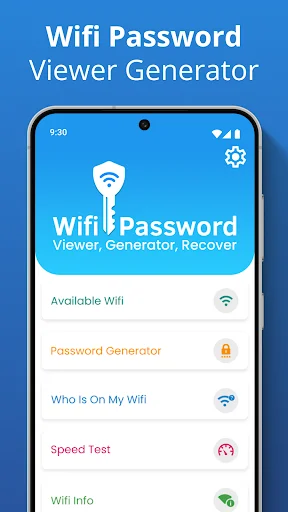 WiFi Password Viewer app main menu interface with Wifi Password Viewer Generator Recover title and navigation options for WiFi tools