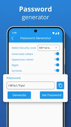Password Generator feature with customizable security settings WEP 64-bit encryption and character options for creating secure passwords