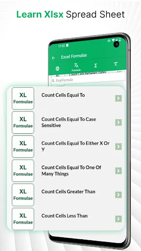 XLSX spreadsheet tutorial displaying list of Excel formulas with descriptions for learning cell functions