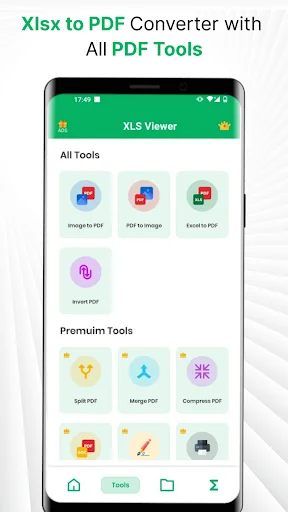 XLS to PDF converter app showing all file conversion tools and premium PDF editing features available