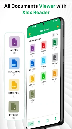 Multi-format document viewer showing file type categories including XLSX, PDF, DOCX, HTML, and RTF files