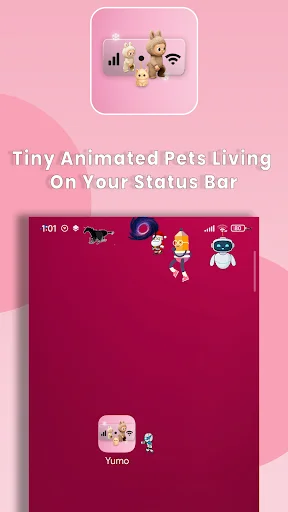 Tiny animated pets living on status bar: Yumo app interface showing character options and desktop icons personalization