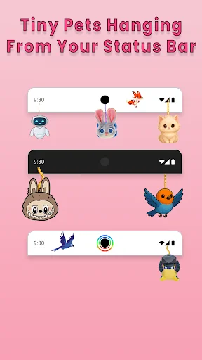 Status bar pets hanging from notification area: Multiple animated character examples with different pet and creature designs