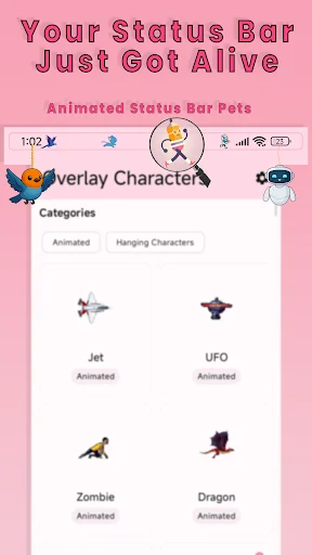 Yumo character categories interface: Browse animated pets including Jet, UFO, Zombie, and Dragon for status bar customization