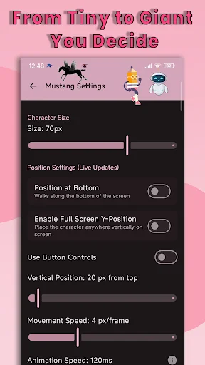 Pet character customization settings: Adjust size, position, animation speed, and movement controls for status bar pets