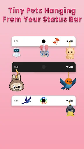 Status bar personalization display showing multiple animated pet characters hanging from different device status bars