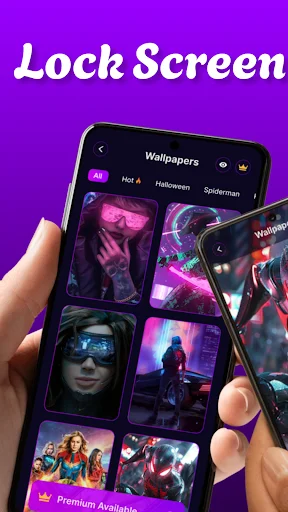 Lock Screen wallpaper gallery app interface showing categorized themes like AI, Halloween, and Spiderman with premium content available
