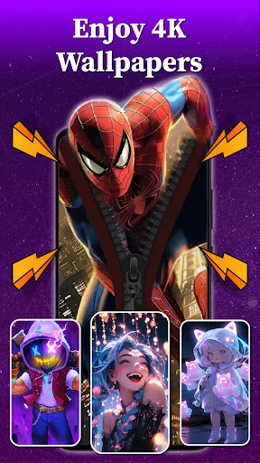 4K wallpaper collection display featuring Spider-Man character with neon zipper effect, preview thumbnails of multiple character themes below