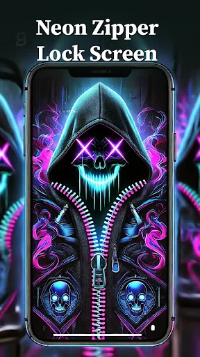 Neon cyberpunk zipper lock screen with glowing skull design, cyan and magenta colors, digital zipper unlock interface on dark sci-fi background