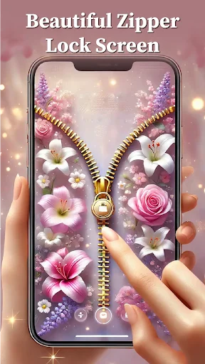 Beautiful Zipper Lock Screen showing purple and pink flower wallpaper with golden zip lock closure, interactive unzip gesture on phone