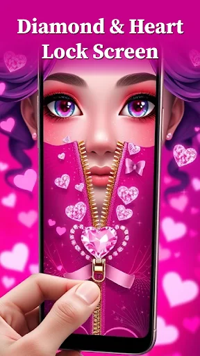 Diamond & Heart Zipper Lock Screen with stylized face design, magenta background, and interactive golden zipper personalization feature