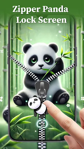 Zipper Panda Lock Screen wallpaper app displaying cute panda character on green bamboo background with interactive unzip gesture