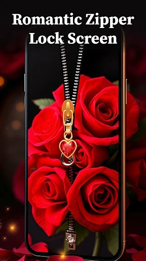 Romantic Zipper Lock Screen featuring red roses wallpaper with elegant golden zipper and heart-shaped lock design personalization theme
