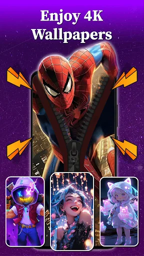 Zip Lock Screen wallpaper app showing 4K resolution superhero collection with Spider-Man and character wallpaper preview thumbnails