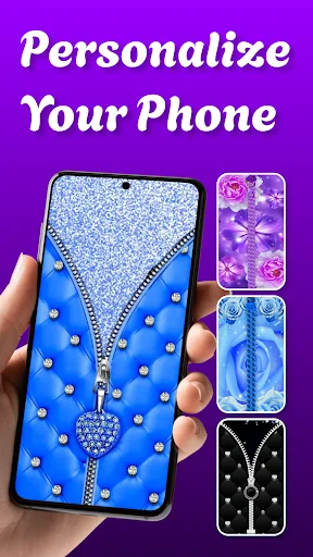 Zip Lock Screen personalization app showing multiple phone wallpaper themes with blue gradient zipper design and customization options