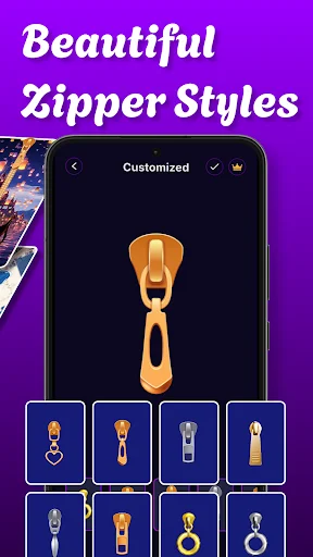 Beautiful Zipper Styles app interface displaying collection of eight metallic and colorful decorative zipper designs for lock screen